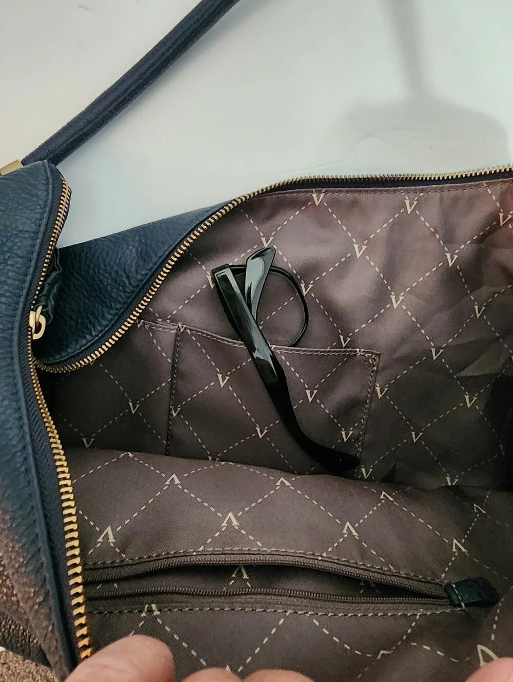 Vince Camuto Navy Blue Pebbled Leather Dessa Tassel Hobo Bag